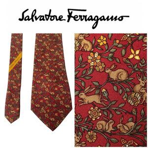 Salvatore Ferragamo 100% Silk Tie Bunny & Floral Novelty Print Made in Italy 57”